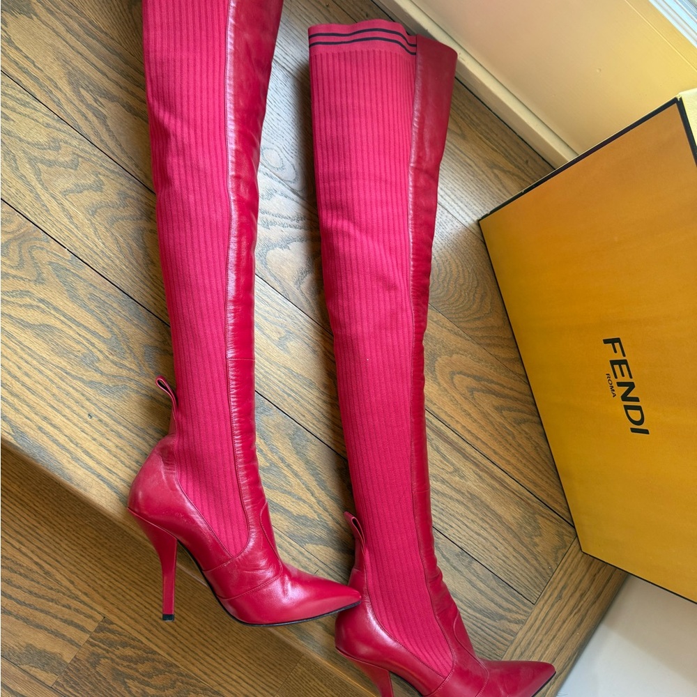 Fendi Women's Over-the-Knee Red Stiletto Rokoko Boots